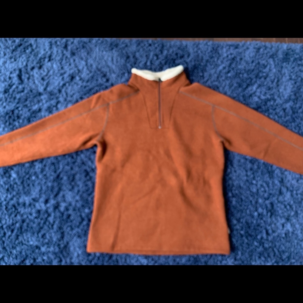 Men’s Kuhl 1/4 zip sweater - size Large, dark orange with wool neck lining.